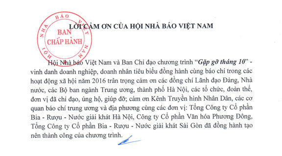 Lời cảm ơn của Hội Nhà báo Việt Nam